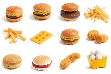 Wall Mural - Set of hamburger, french fries and chicken nuggets  isolated on transparent background. 