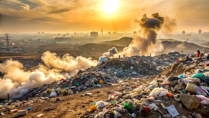 Fumes and toxic gases waft from a sprawling landfill site, shrouded in haze, as waste disposal activities perpetuate environmental harm and air pollution misery.