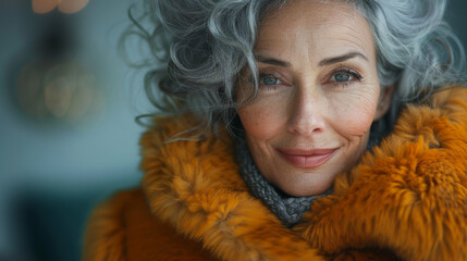 Wall Mural - Smiling senior woman wearing fur coat against turquoise background