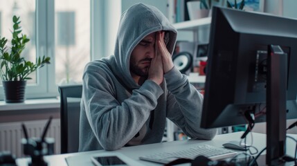 Wall Mural - The stressed man in hoodie