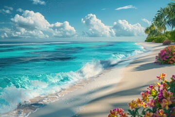 Wall Mural - A picturesque tropical beach scene in the Maldives, with soft, powdery sand stretching into the turquoise ocean, gentle waves 