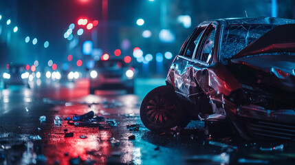 Wall Mural - Nighttime road accident involving a car accident creating a dangerous situation. Generative AI