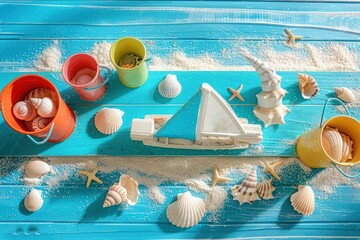 Wall Mural - A playful scene featuring a toy sailboat, colorful beach pails, and a collection of seashells arranged on a bright blue plank, with fine sand sprinkled over the setup.