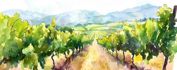 Green vineyard tour with wine tasting, watercolor style, leisurely activity