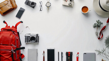 Travel accessories and equipment essentials are laid out on a white table by a traveler preparing for an adventure