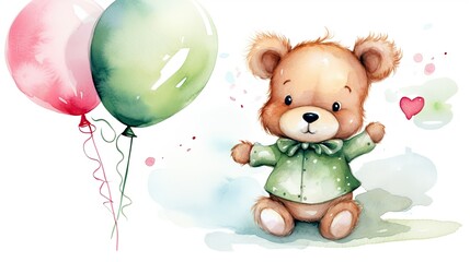 Sticker - Cute bear holding balloons