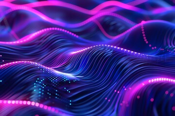 Abstract flowing lines and waves in neon purple and blue. Concept of technology, music, energy, and digital art.