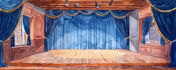 Theater workshop with scripts and costumes, watercolor style, dramatic resources