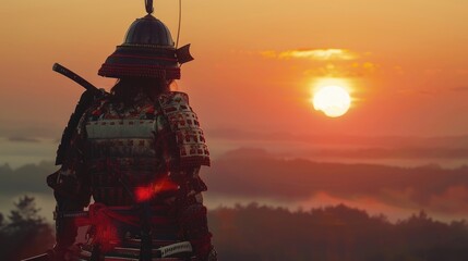 Silhouette of a samurai warrior standing on a hilltop, watching a sunrise over a misty landscape.