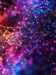 Aufkleber - Colorful abstract digital network background with connecting lines and dots in vibrant hues of pink, blue, and orange, perfect for tech themes.