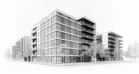 Wall Mural - black and white sketch of modern and minimalistic apartment complex, 3d illustration isolated on a white background