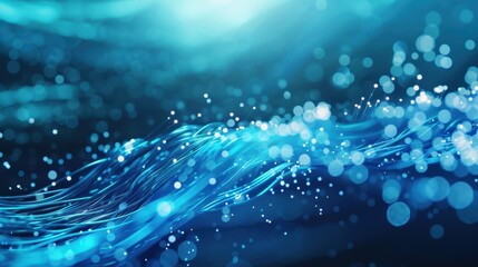 Poster - Abstract neon blue wave and particle light trail background representing motion, energy, and futuristic concepts.