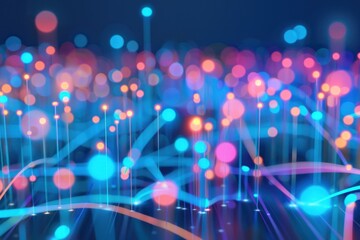 Aufkleber - Abstract glowing fiber optic cables and colorful bokeh lights creating a vibrant digital landscape in blue and pink tones.