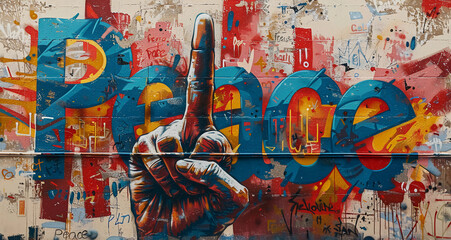 Wall Mural - Graffiti art of hand symbols in front of the word Peace painted on a colorful wall, modern artwork, street art   