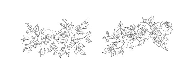 Wall Mural - Rose flower arrangement line art on white background. Silhouette roses botanical hand drawn element for wedding, invitation frame design, vector illustration