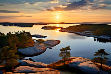 Sticker - Rocky shores and scattered pine trees frame the lake, adding a touch of rugged natural beauty. The distant horizon and clear sky enhance the peaceful and expansive atmosphere of this picturesque lands