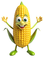 Wall Mural - 3D corn cob funny cartoon character with eyes arms and legs on transparent background illustration