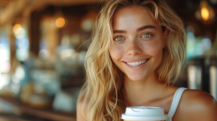 Wall Mural - Smiling fashionable blonde drinking coffee outdoors on wooden background