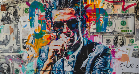 Wall Mural - Graffiti image of a young guy with glasses on a colorful backwall of the city streets with 