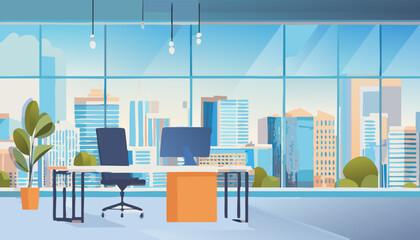 empty no people modern office interior with furniture, pc laptop. business coworking area. vector il