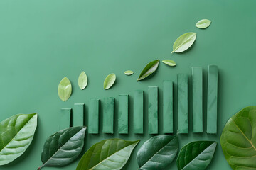 Growth bar chart and fresh leaves on green background, represent financial and investment focus on growth and sustainability, ecosystem and friendly environment