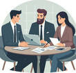 © MDSIAM - Partners meeting for business discussion with documents and laptop on desk. Couple at round table, speaking, discussing work, partnership. Flat vector illustration isolated on white background