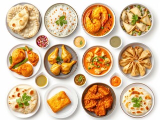 Wall Mural - Top view collection of Indian foods isolated on a white background, including momos, butter chicken curry and rice, samosas, and pani puri