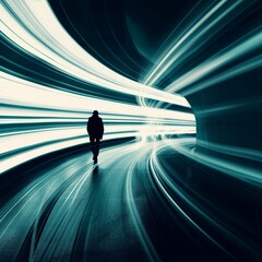 Wall Mural - Man Walking Towards the Light in a Tunnel of Speed.