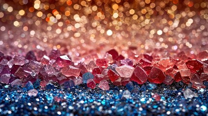 Wall Mural -   Group of red, blue, and pink crystals on blue and pink glitter pile