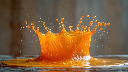 Wall Mural -   An orange liquid splashes from a cup onto a wooden table, with a wooden backdrop
