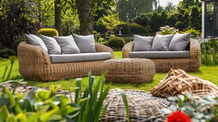  A cozy, modern sofa placed in a lush garden. The sofa is adorned with colorful cushions and is surrounded by vibrant flowers and greenery,