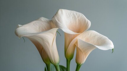 Wall Mural -   Three white calla lilies in a vase against a gray background, with green stems in the foreground