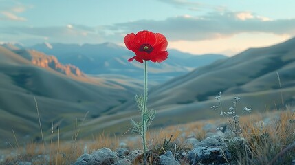 Wall Mural -   A red flower rests on a barren field near a rocky slope, with majestic mountains looming in the distance