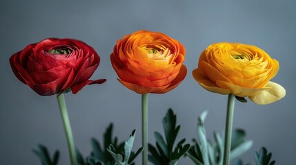 Wall Mural -  Three red, yellow, and orange flowers are displayed in a green-leafed vase against a gray background with a blue sky in the background