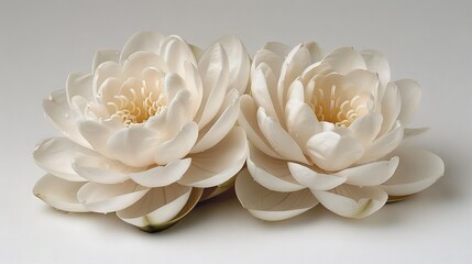   A pair of white flowers sit atop a white table, resting beside one another