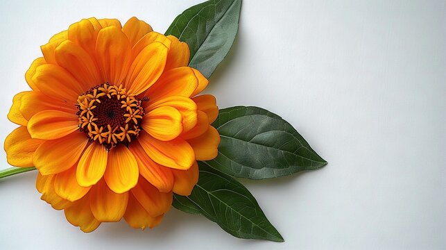   Large orange flower with green leaves on white surface, featuring a green leaf adjacent to the bloom