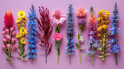 Wall Mural -   A cluster of vibrant blossoms resting atop a pink table, adjacent to one another, atop a lilac backdrop