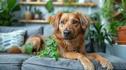 Wall Mural -   A close-up photo shows a dog lounging on a couch with a plant in the foreground and another potted plant visible in the background