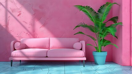 Wall Mural -   A pink couch sits in front of a pink wall with a potted plant in the corner of the room