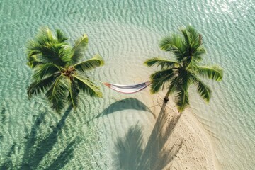 Wall Mural - Aerial view of a hammock strung between two palm trees on a secluded sandbar, surrounded by clear, shallow sea water