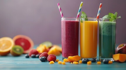 Wall Mural -   A group of three glasses containing different fruit and veggie varieties, alongside oranges, raspberries, and blueberries