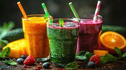 Wall Mural -   Three-glasses smoothie featuring strawberries, oranges, and raspberries on a table surrounded by green leaves