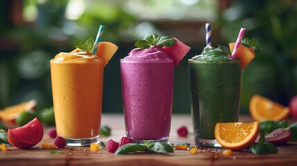 Canvas Print -   A trio of smoothies grace the table, accompanied by orange segments and an array of fruits and veggies