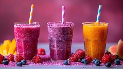 Canvas Print -   Three smoothies with strawberries, blueberries, raspberries, and watermelon on a table