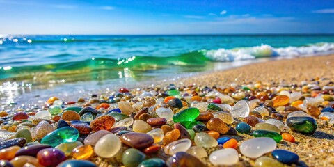 Natural polished sea glass and colorful stones on a sandy seashore with azure clear sea water and waves in the background , beach