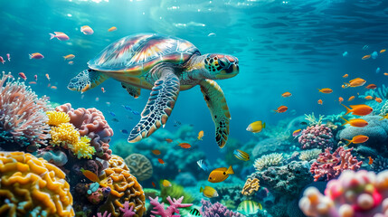 A sea turtle gracefully swims through a stunning underwater world filled with colorful coral reefs and vibrant fish