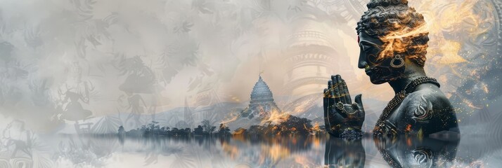 Wall Mural - Double exposure of a Hindu deity combined with a mystical and serene landscape,symbolizing faith,belief,and the connection between the divine and the natural world.