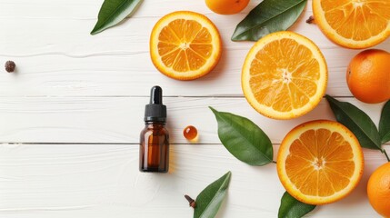 Natural organic orange essential oil benefits for skin and body care on white wooden background