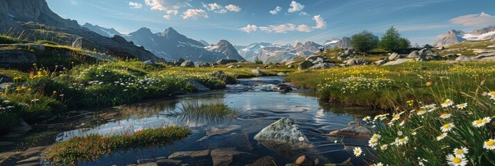 Canvas Print - Enchanting Mountain Stream Amid Vibrant Wildflowers and Verdant Scenery:A Tranquil,Serene Wallpaper Showcasing the Beauty of Nature's Restorative Power