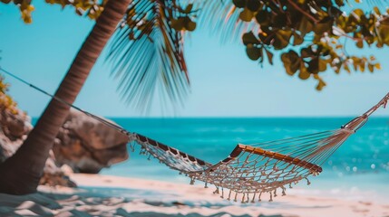 Wall Mural - Escape to a Serene Seaside Sanctuary with this Stunning Wallpaper Featuring a Hammock Overlooking the Tranquil Ocean Waves and Picturesque Beach Backdrop